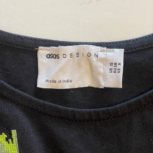 ASOS Design Embroidered Dress Womens Size 6 Black Knit Floral LBD Mini Boho - Picture 7 of 12